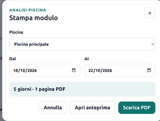 Finestra reale di Hoply per scegliere piscina e intervallo di date, aprire l’anteprima o scaricare il PDF.